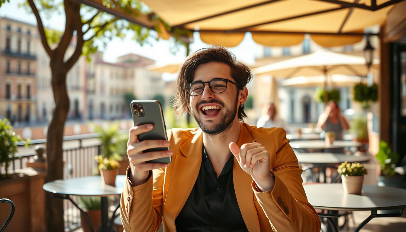 Persona feliz revisando una oferta de trabajo en el movil