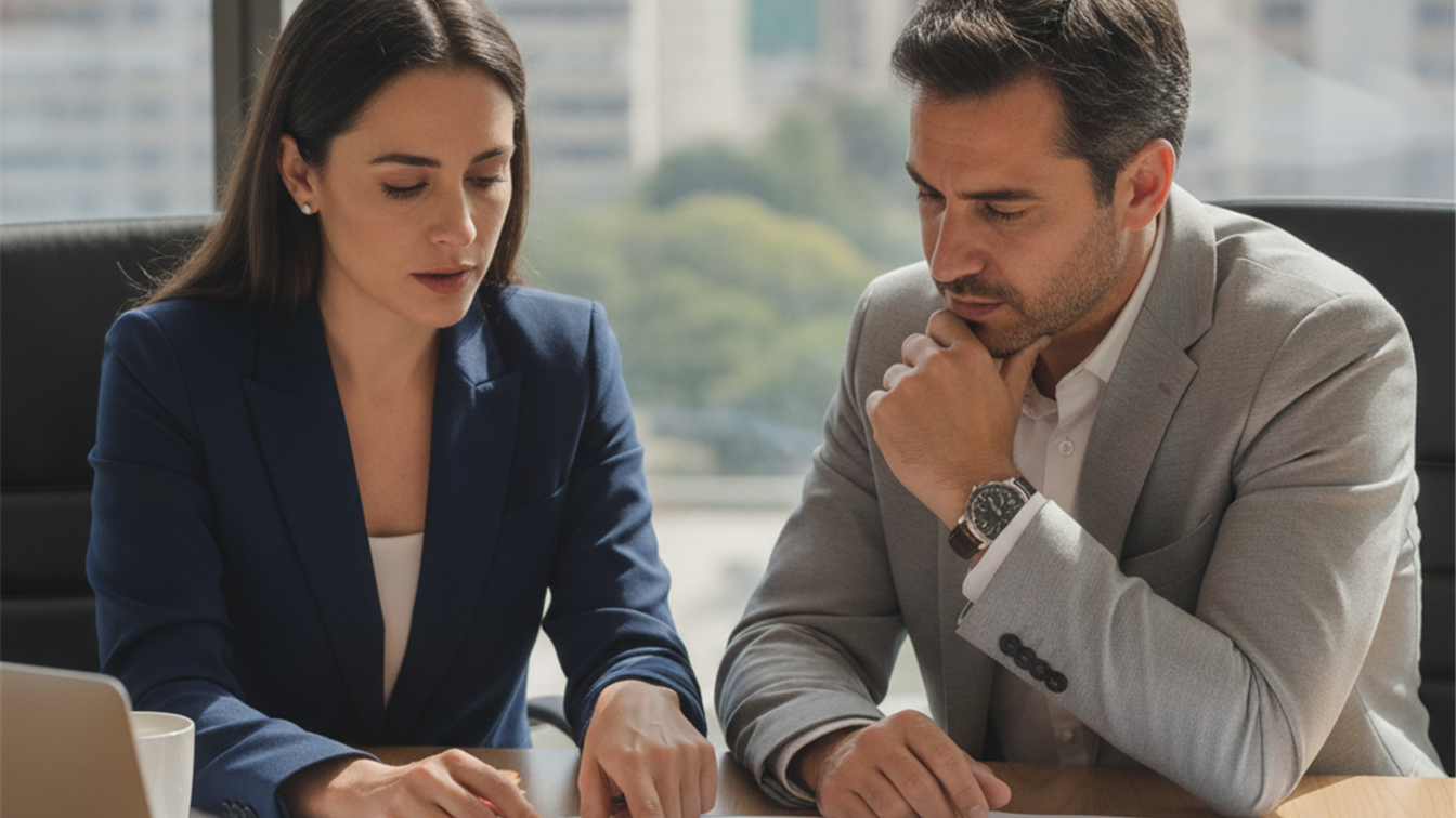 Dos profesionales revisando un contrato de trabajo en una oficina en España