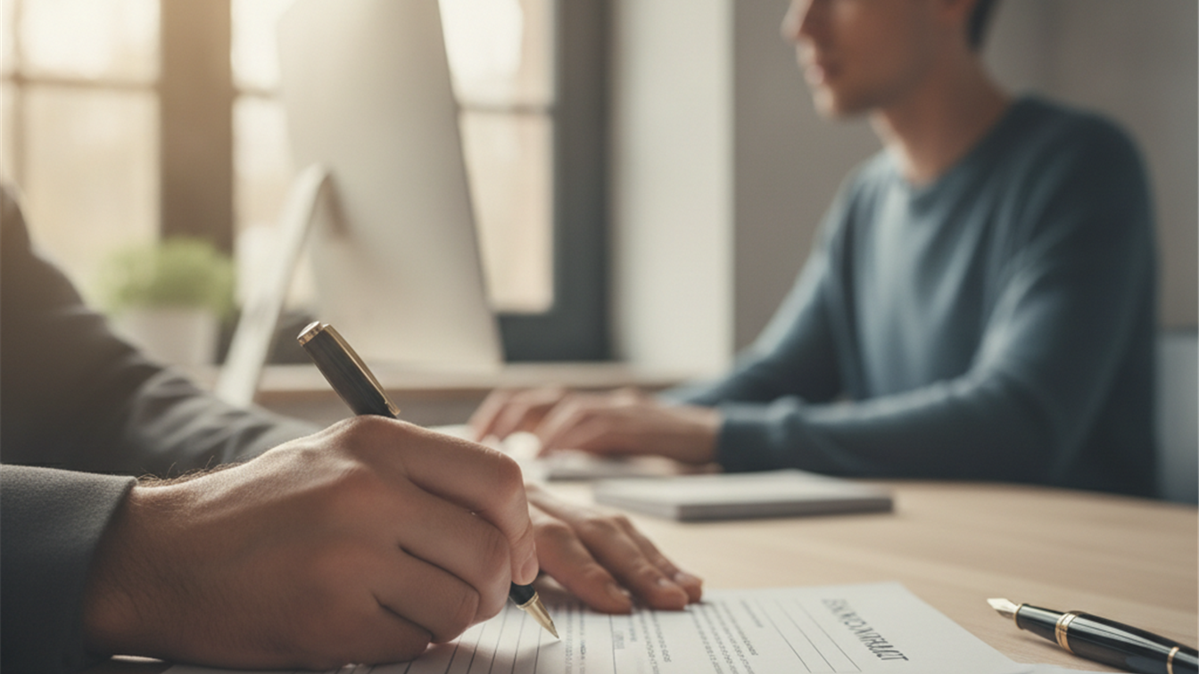 Persona firmando un contrato de trabajo con documentos sobre la mesa