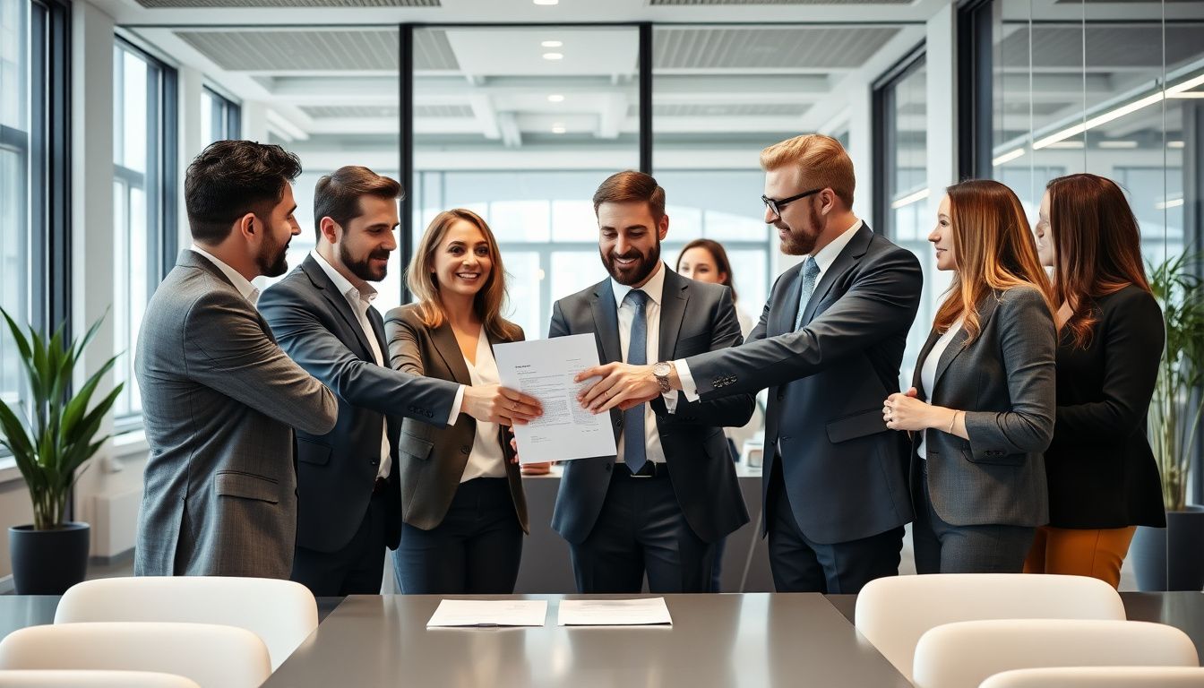 Profesionales revisando un contrato de trabajo en una oficina en Madrid