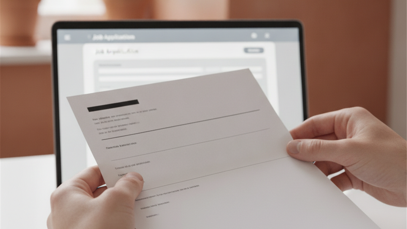 Persona sujetando su curriculum impreso frente a un ordenador con una solicitud de empleo