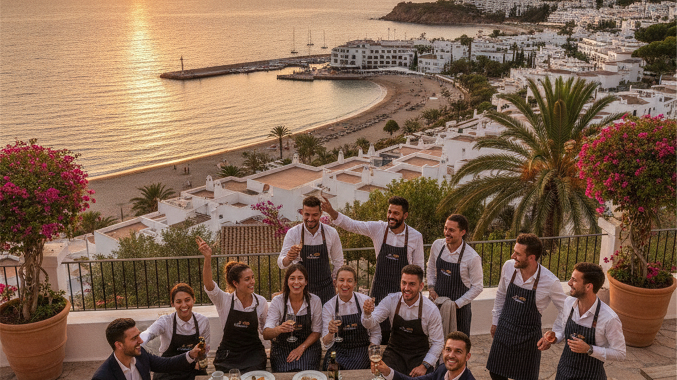 Equipo de hosteleria y turismo celebrando en una terraza al atardecer en España
