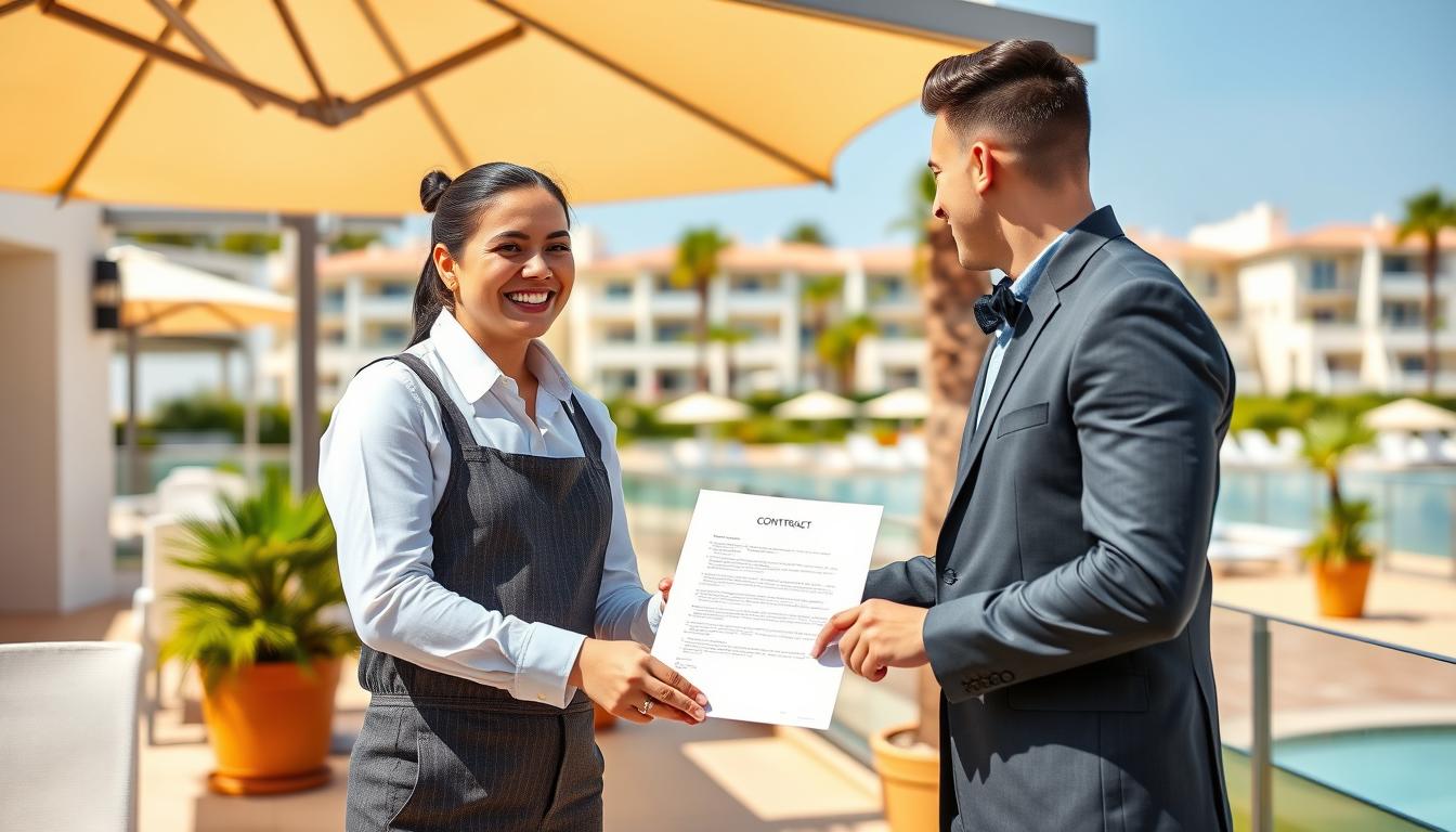 Trabajador de hostelería firmando contrato en España