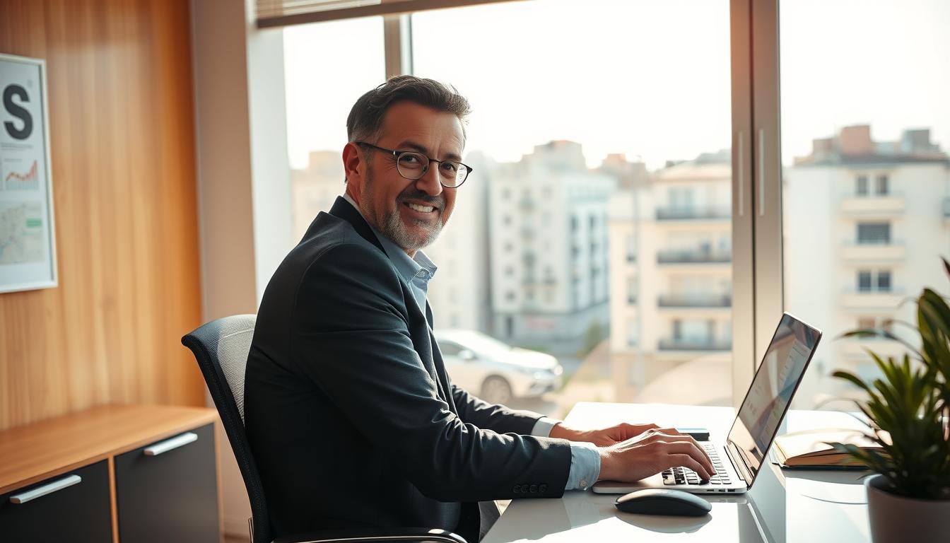 Profesional senior trabajando con confianza en oficina moderna en España