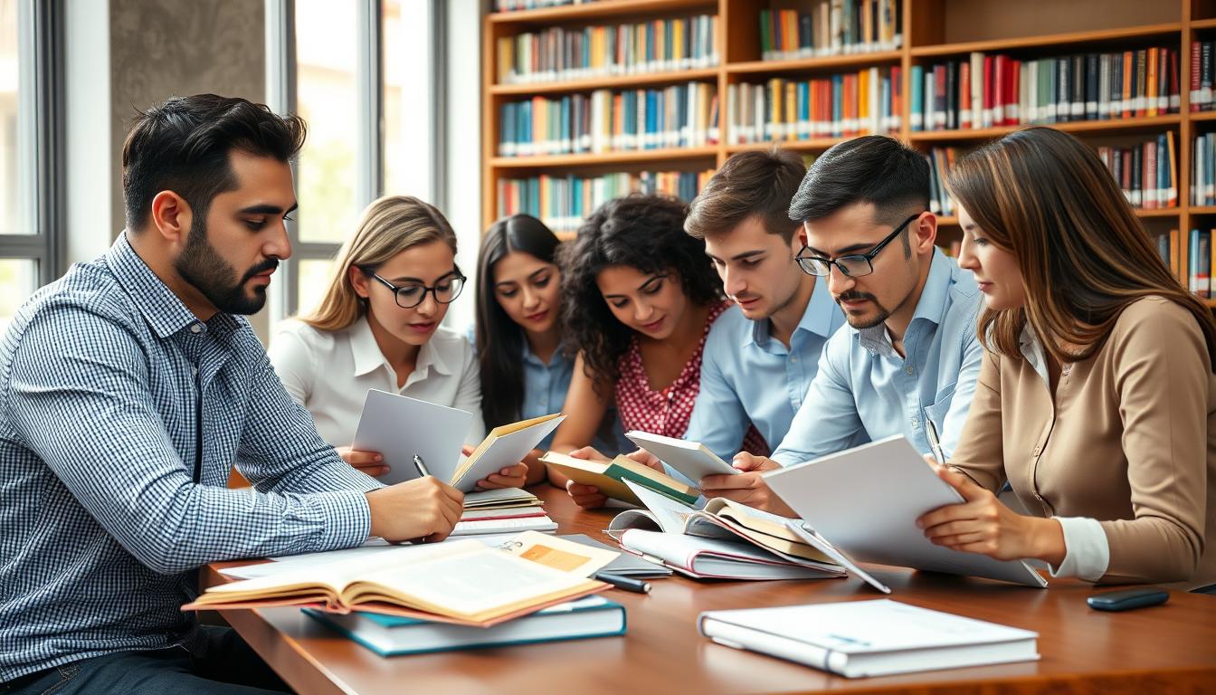 Grupo de opositores estudiando en biblioteca en España