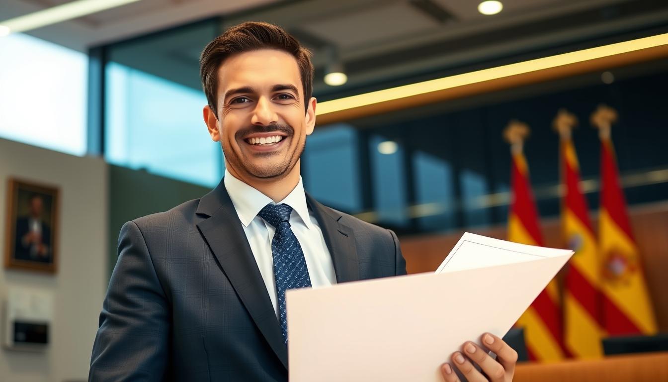 Profesional espanol feliz con documento oficial en oficina publica