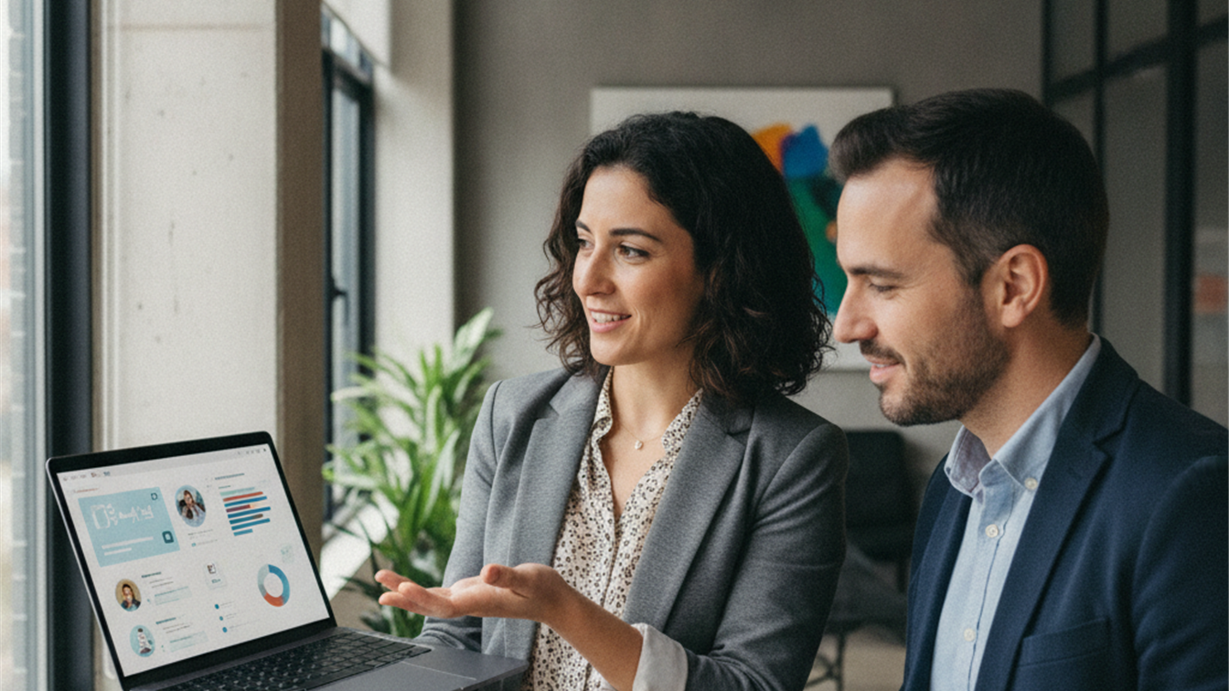 Profesionales conversando en una oficina sobre su perfil de LinkedIn
