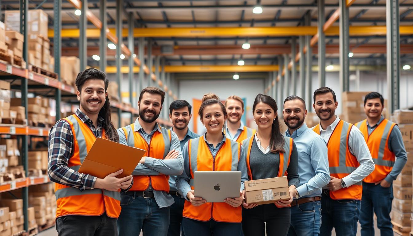 Empleados trabajando en equipo en un centro logistico en Espana
