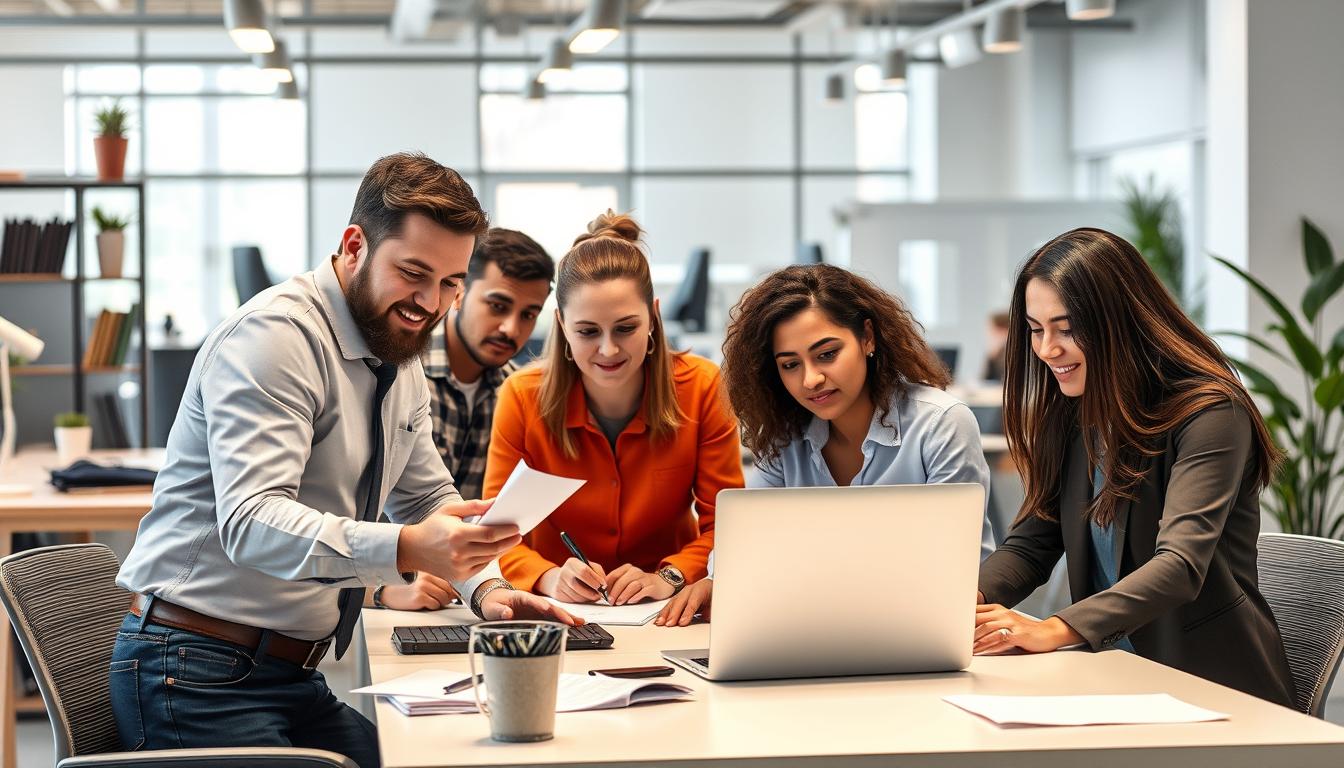 Profesionales trabajando en equipo en una empresa española