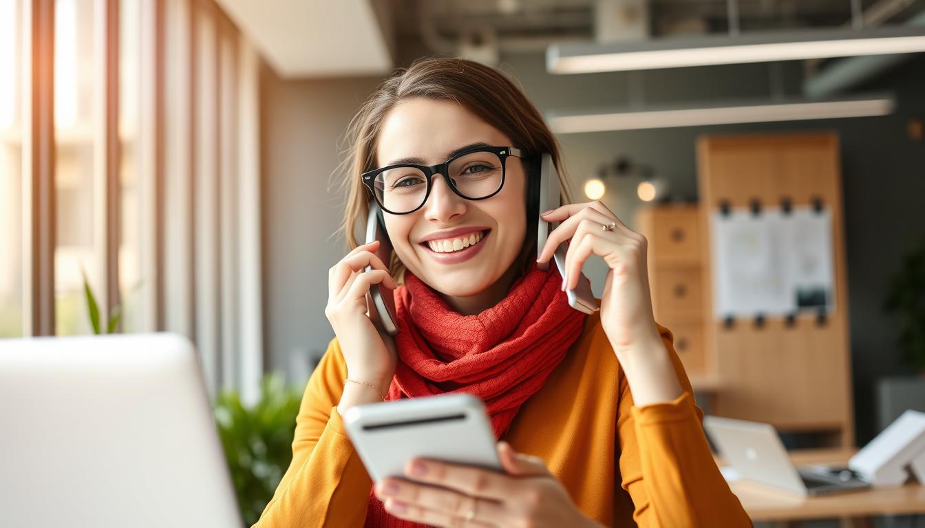 Persona feliz recibiendo buenas noticias laborales en su telefono