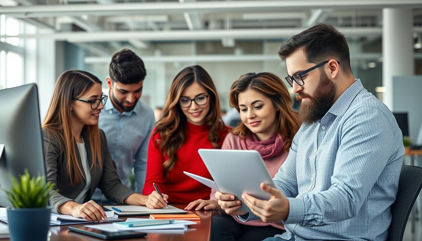 Profesionales trabajando en equipo en una empresa española