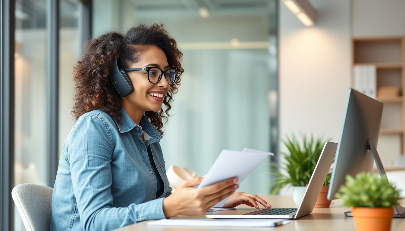 Persona feliz recibiendo buenas noticias laborales en el móvil