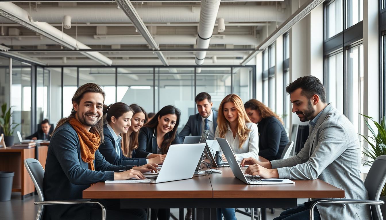 Profesionales trabajando en equipo en una empresa española