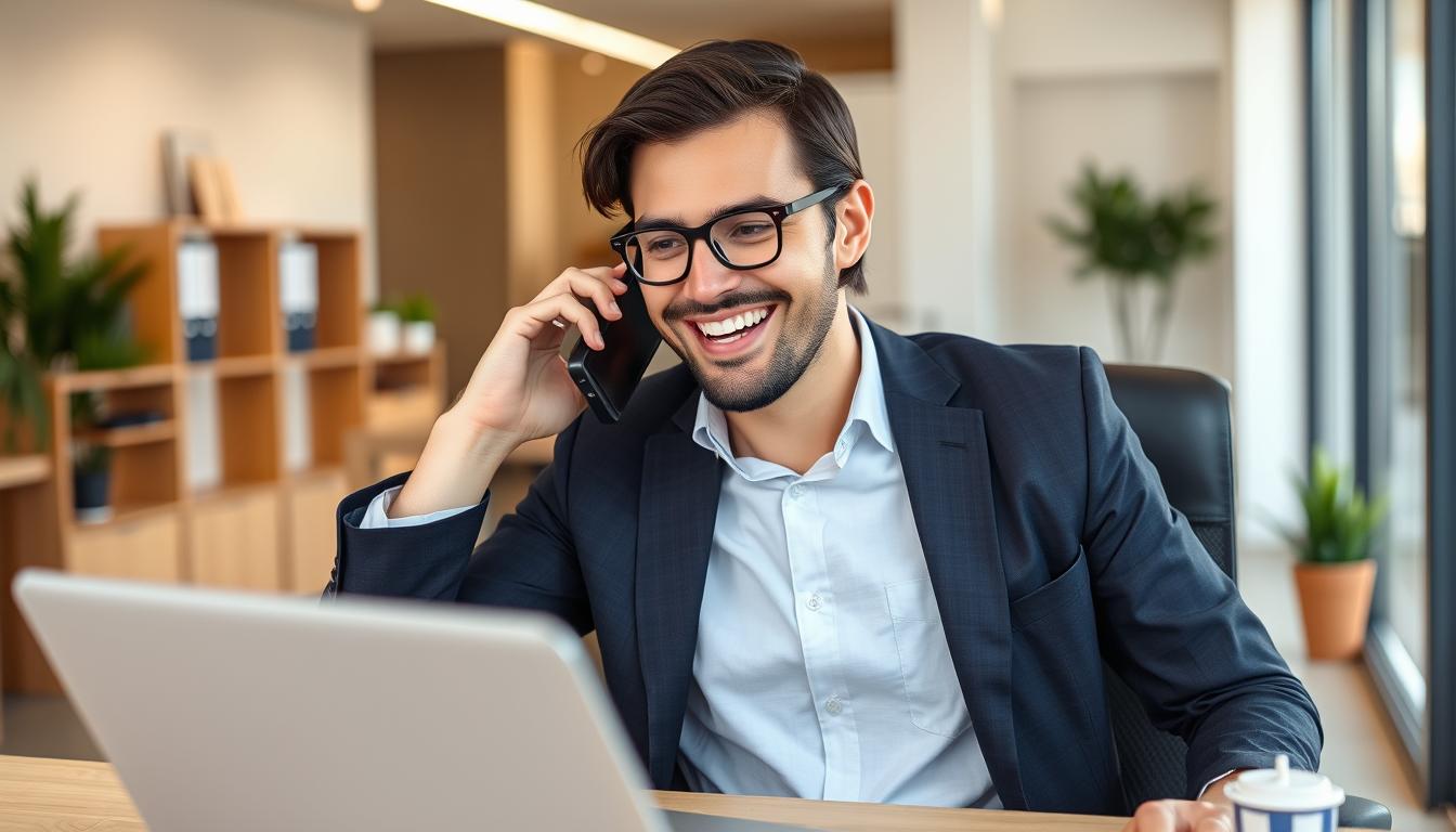 Persona feliz recibiendo buenas noticias de empleo en el móvil