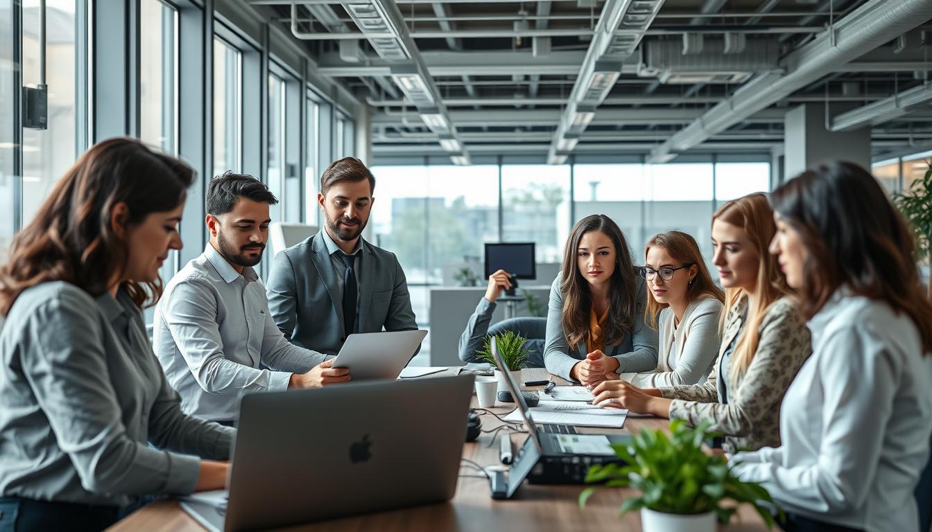 Profesionales trabajando en equipo en una empresa española