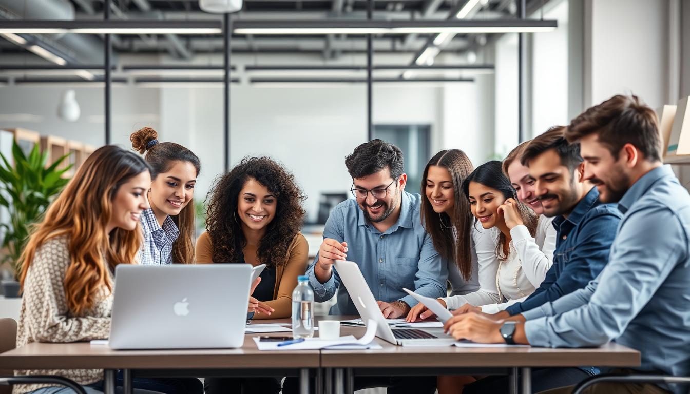 Profesionales trabajando en equipo en una empresa española