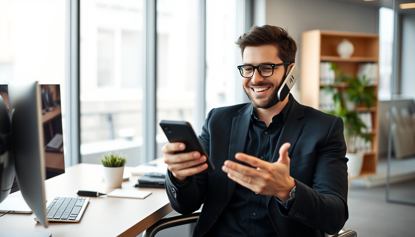 Persona feliz recibiendo buenas noticias de empleo en su telefono