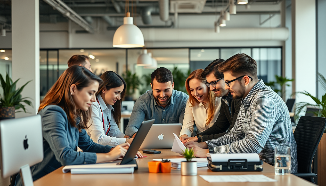 Profesionales trabajando en equipo en una empresa española