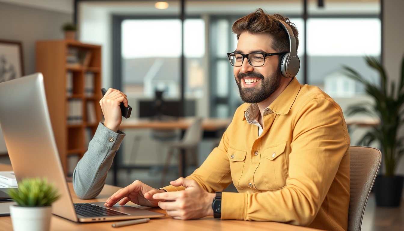Persona feliz recibiendo buenas noticias laborales en el móvil