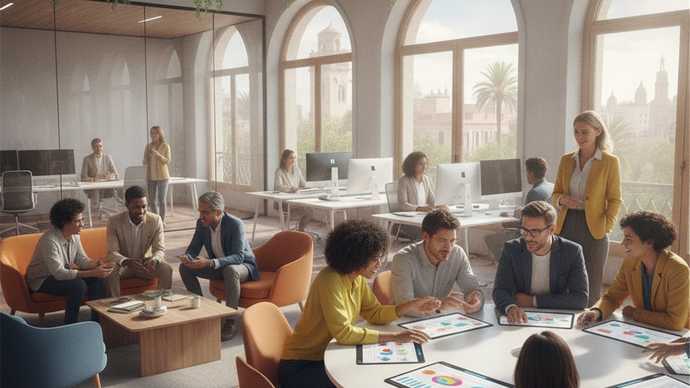 Profesionales trabajando en equipo en una empresa española