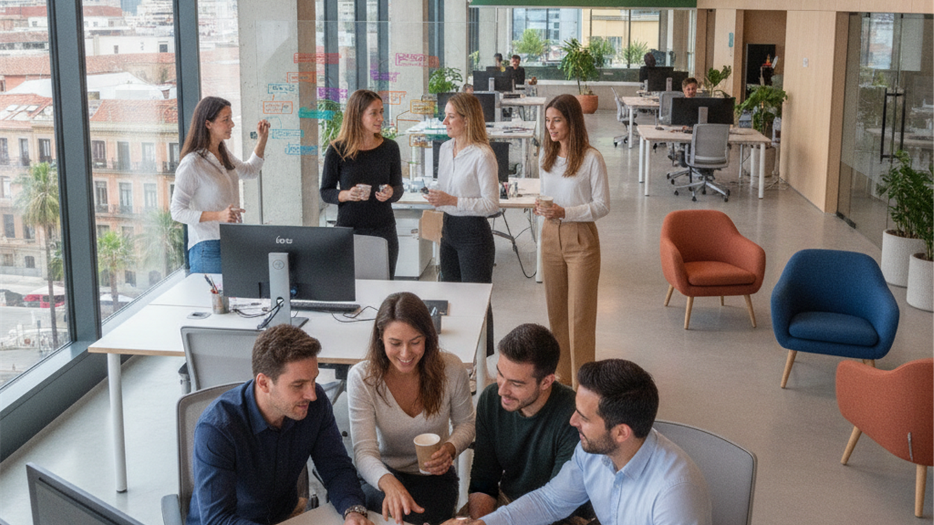 Profesionales trabajando en equipo en una empresa española