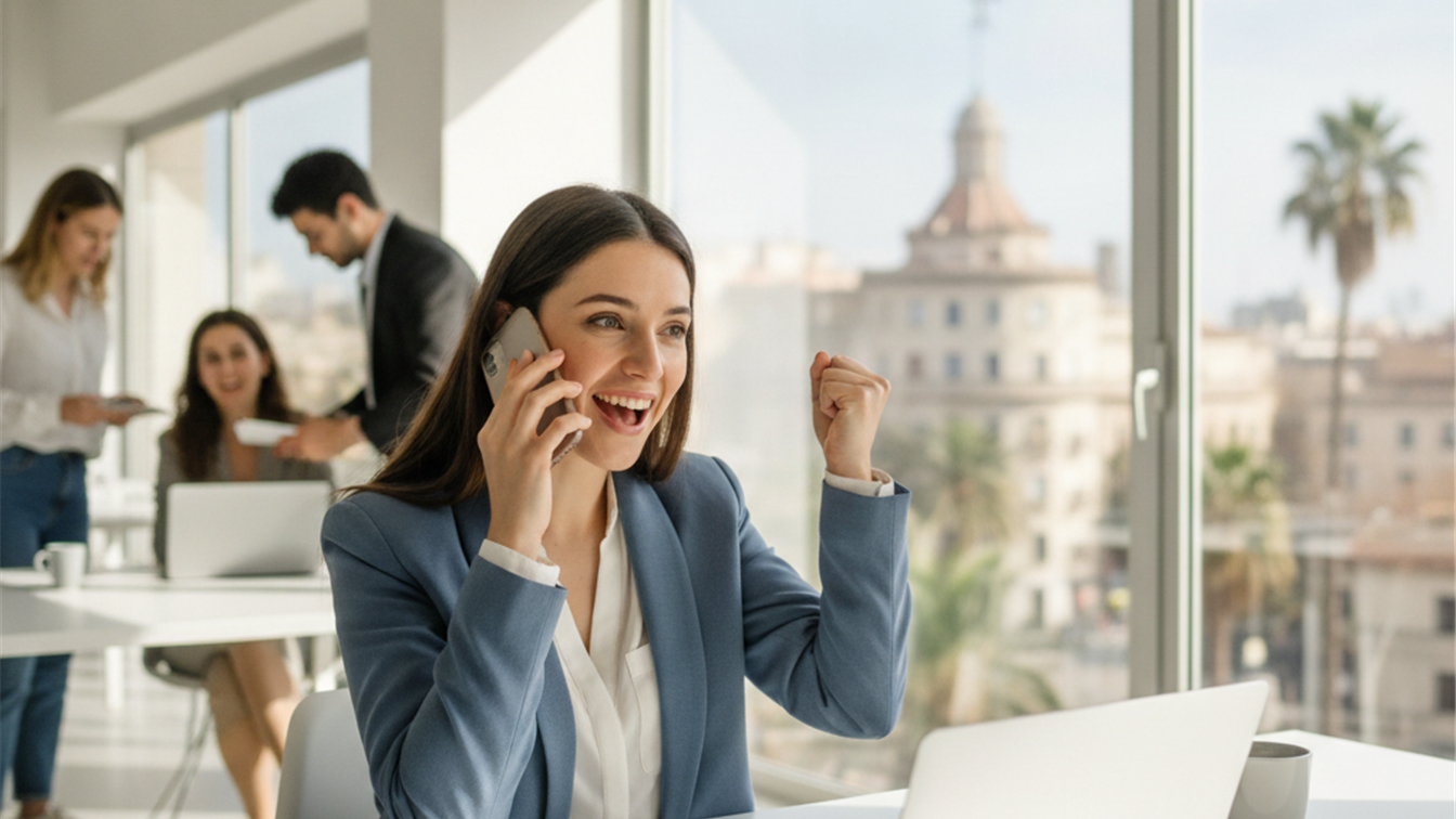 Persona feliz recibiendo buenas noticias sobre empleo en el móvil