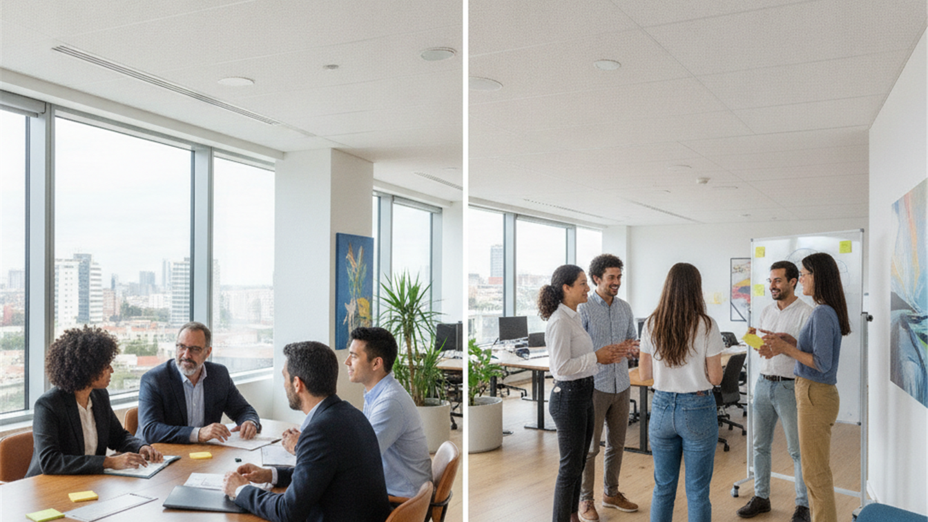 Profesionales en una entrevista de trabajo en una oficina moderna en España