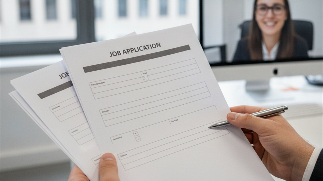 Persona sosteniendo documentos de solicitud de empleo en una oficina en España
