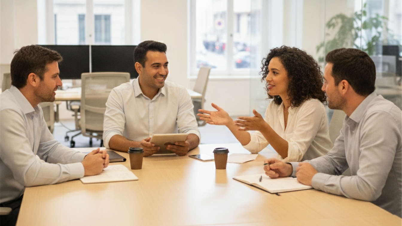 Profesionales trabajando en equipo en una oficina española