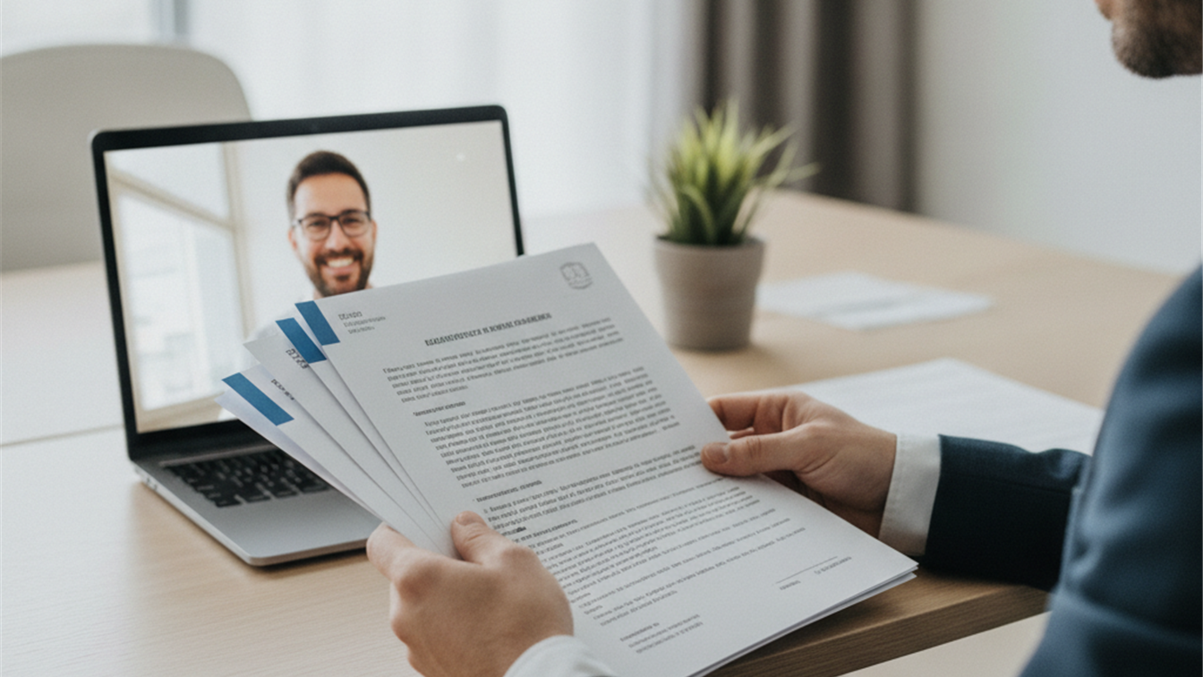 Persona revisando documentos de empleo con pantalla de ordenador al fondo