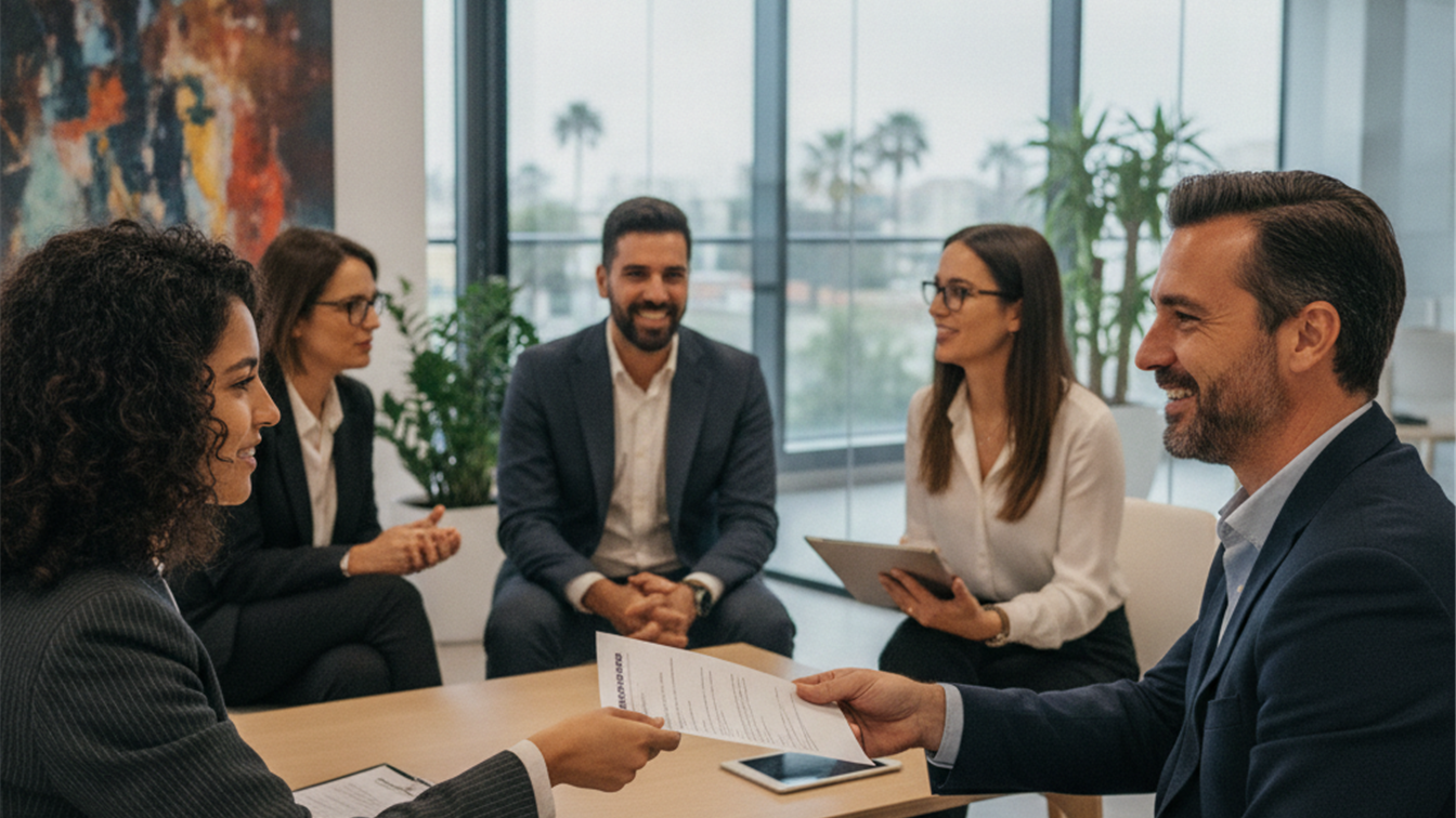 Profesionales en una entrevista de trabajo en una oficina moderna en España