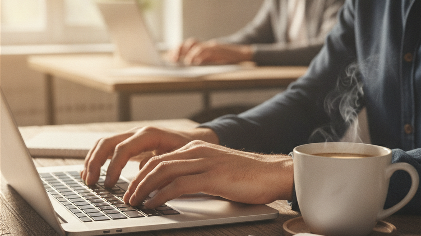 Persona trabajando desde casa con documentos y ordenador portátil