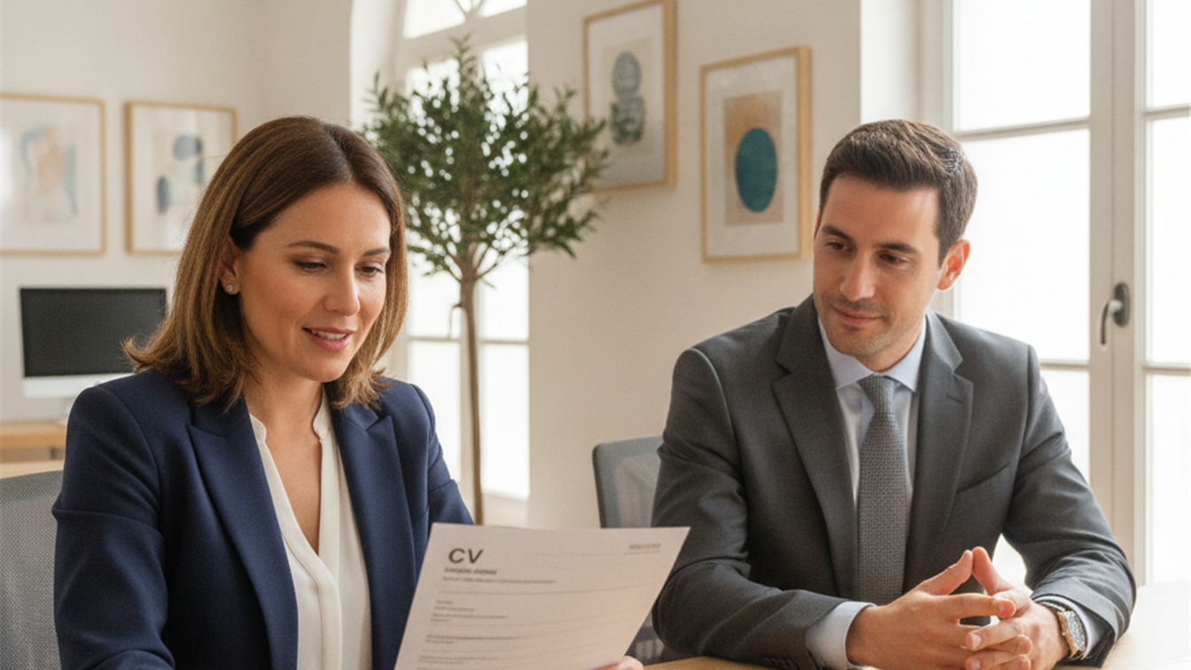 Entrevista de trabajo con revisión de CV en oficina en España