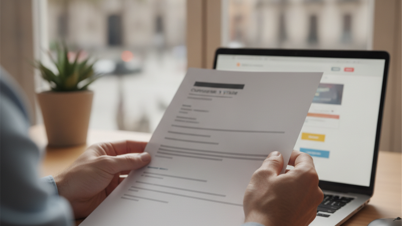 Persona revisando su CV impreso junto a un ordenador con oferta de empleo en pantalla