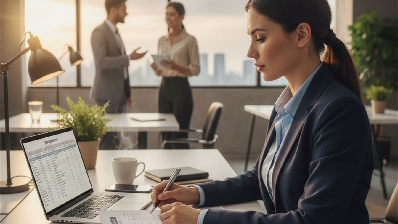 profesional revisando oferta de empleo con documentos y ordenador