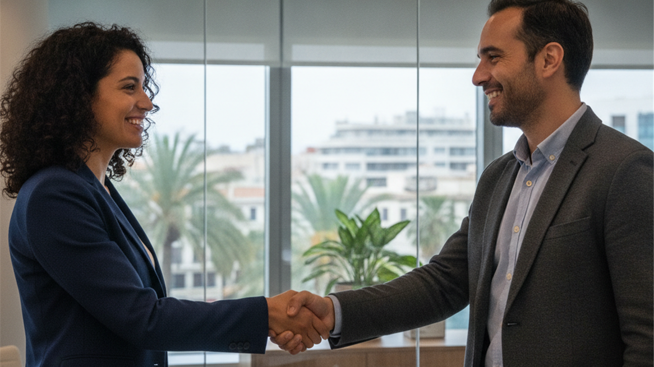 Recruiter español dando la mano a un candidato extranjero tras una entrevista de trabajo