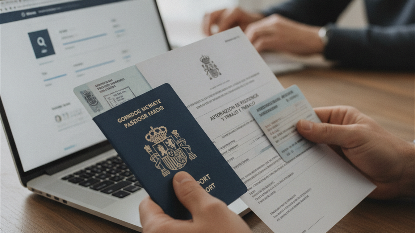 Persona sosteniendo documentos de residencia y trabajo en España junto a un ordenador con un portal de empleo