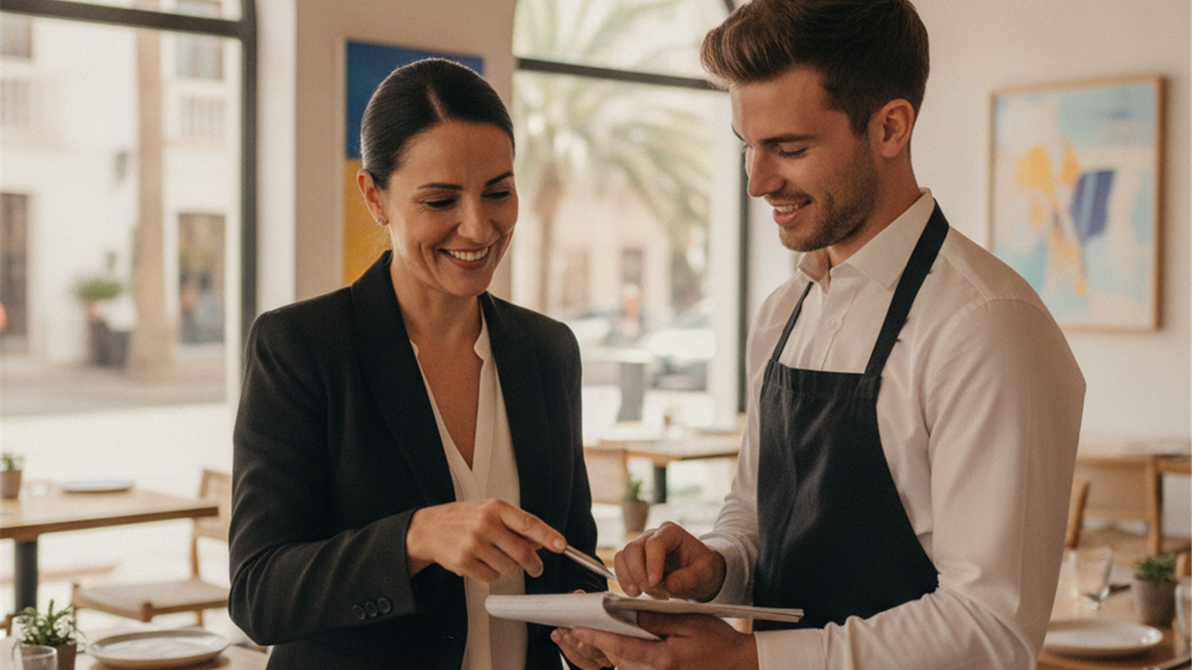 Responsable de hosteleria formando a un nuevo camarero en un restaurante en Espana