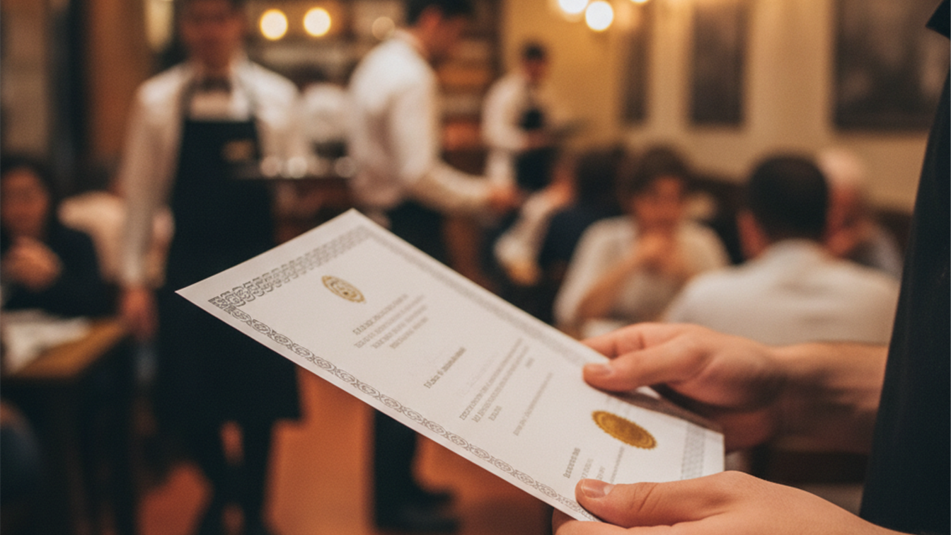 Manos de un camarero sosteniendo el carnet de manipulador de alimentos en un restaurante espanol