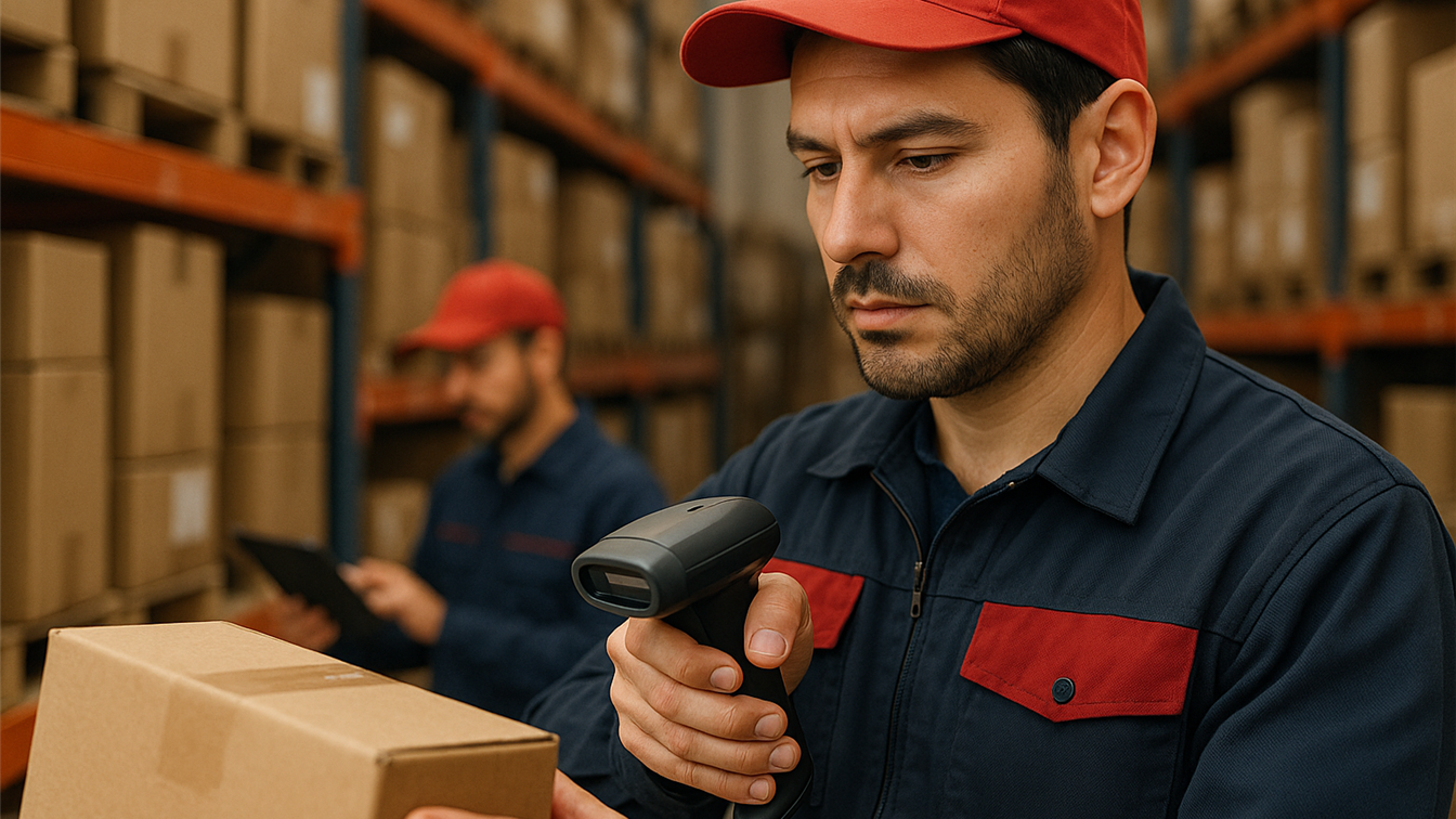 Trabajador escaneando paquetes en almacen logistico en Espana