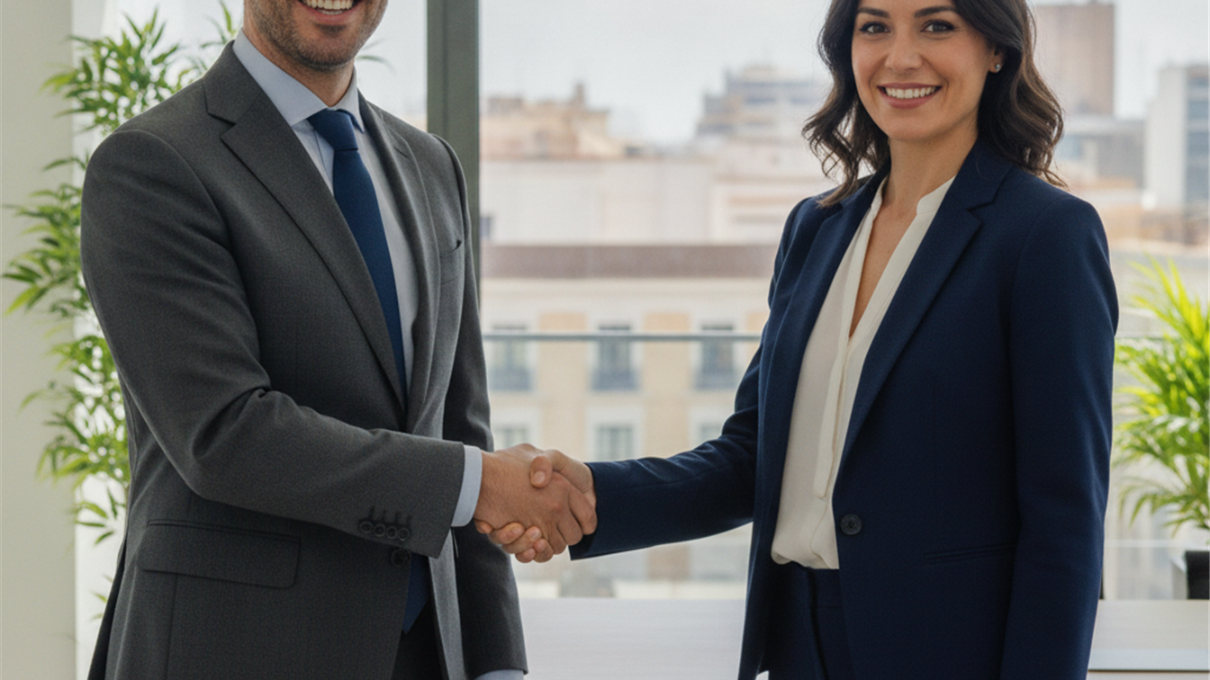 Entrevista de trabajo con apretón de manos en oficina moderna