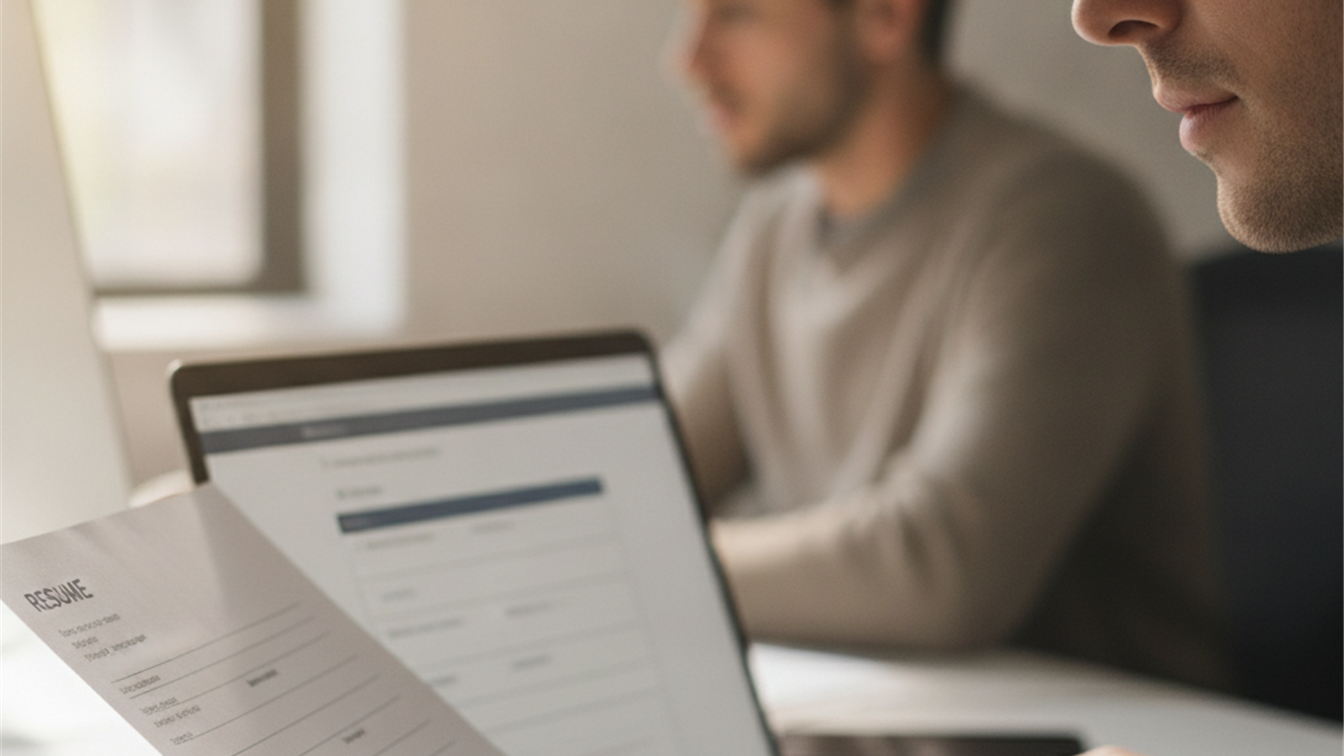 Persona revisando su currículum y aplicando a ofertas de empleo desde el ordenador