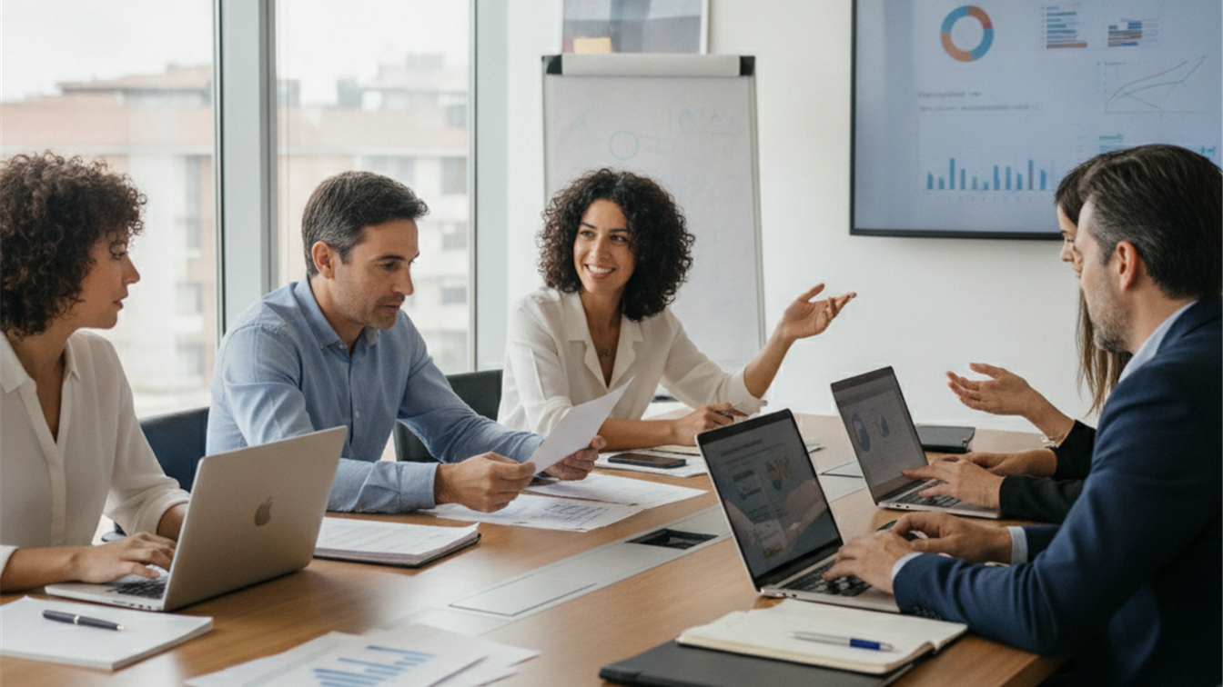 Equipo de profesionales colaborando en una reunión de trabajo en una oficina moderna en España
