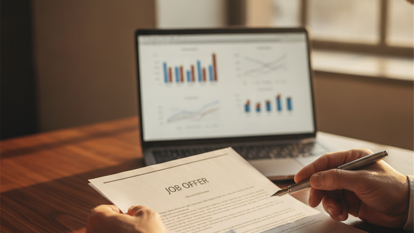 Persona sosteniendo un contrato de trabajo en una oficina con un ordenador portatil al fondo