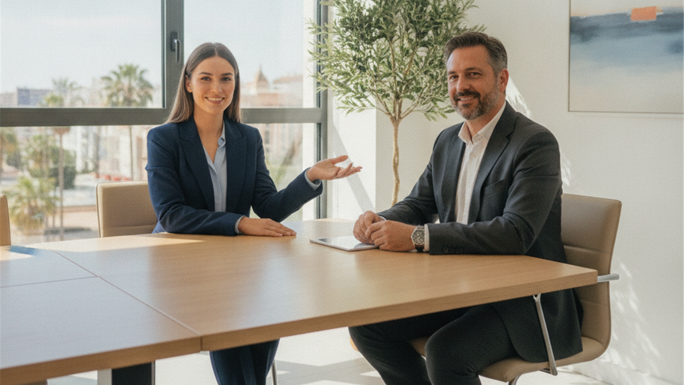 Candidato negociando salario con responsable de RRHH en oficina española