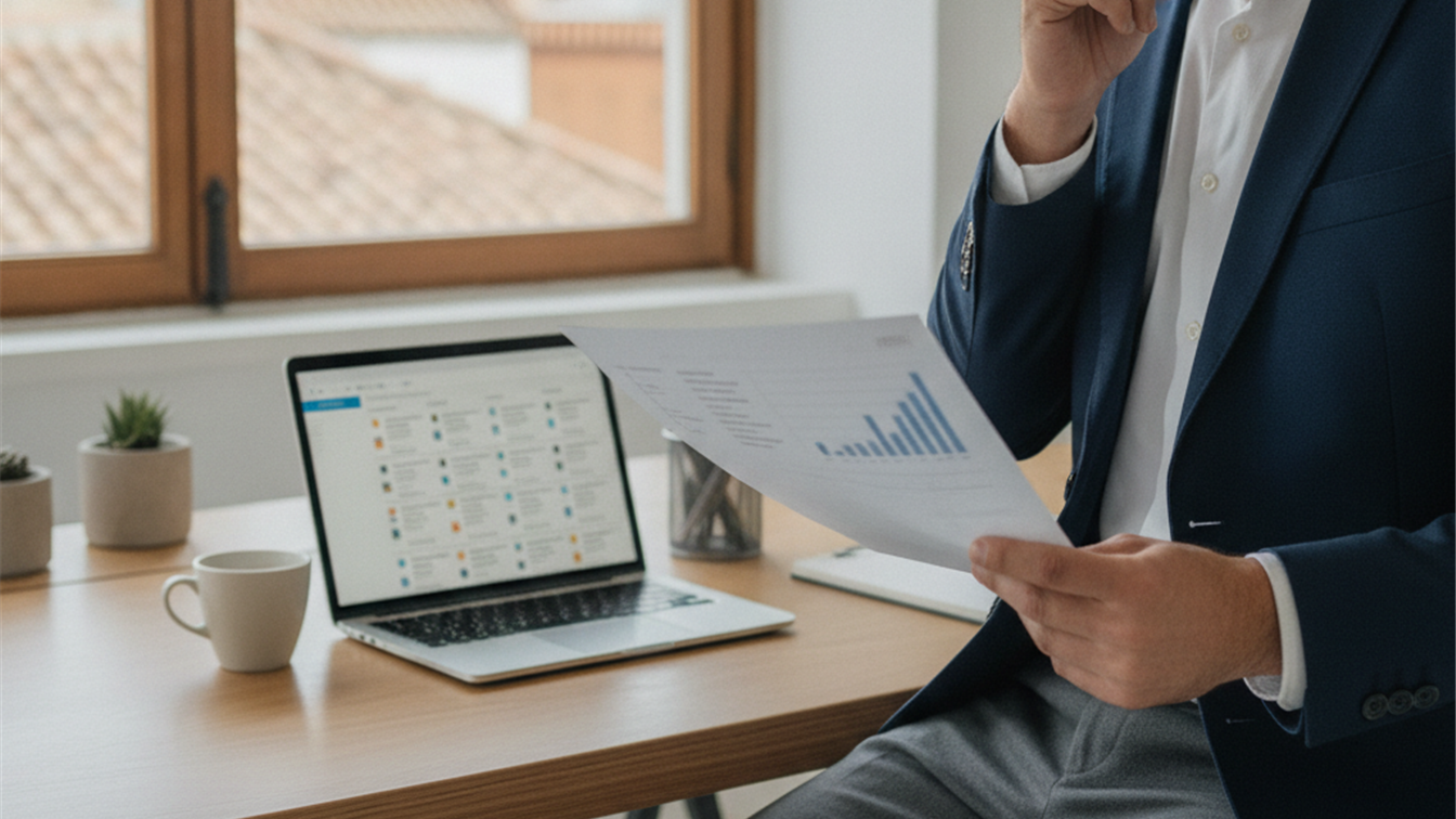 Profesional revisando informe salarial con portátil en oficina moderna