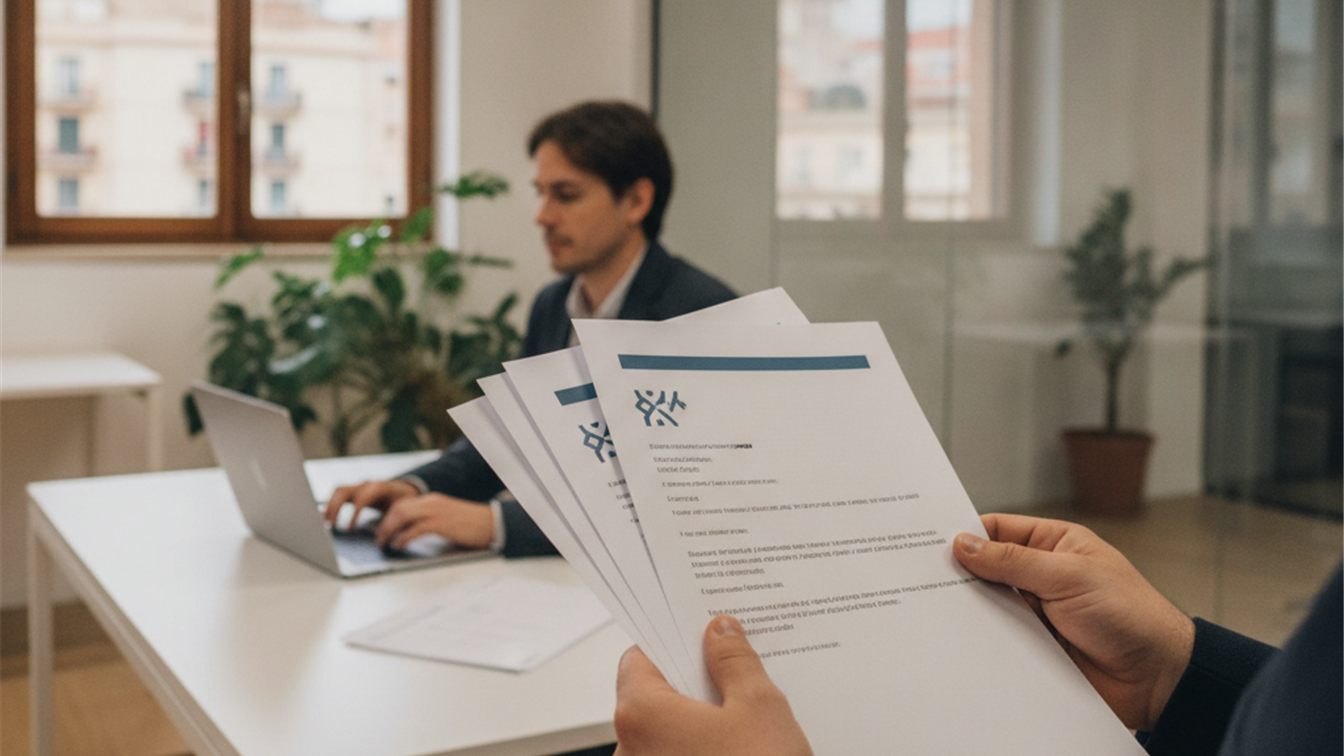 Persona revisando documentos de trabajo junto a un ordenador portátil