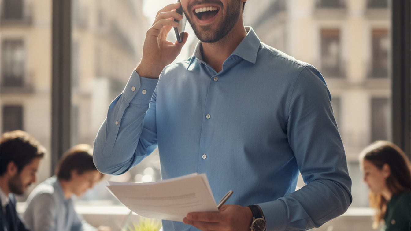 Persona sonriente revisando documentos de una oferta de trabajo