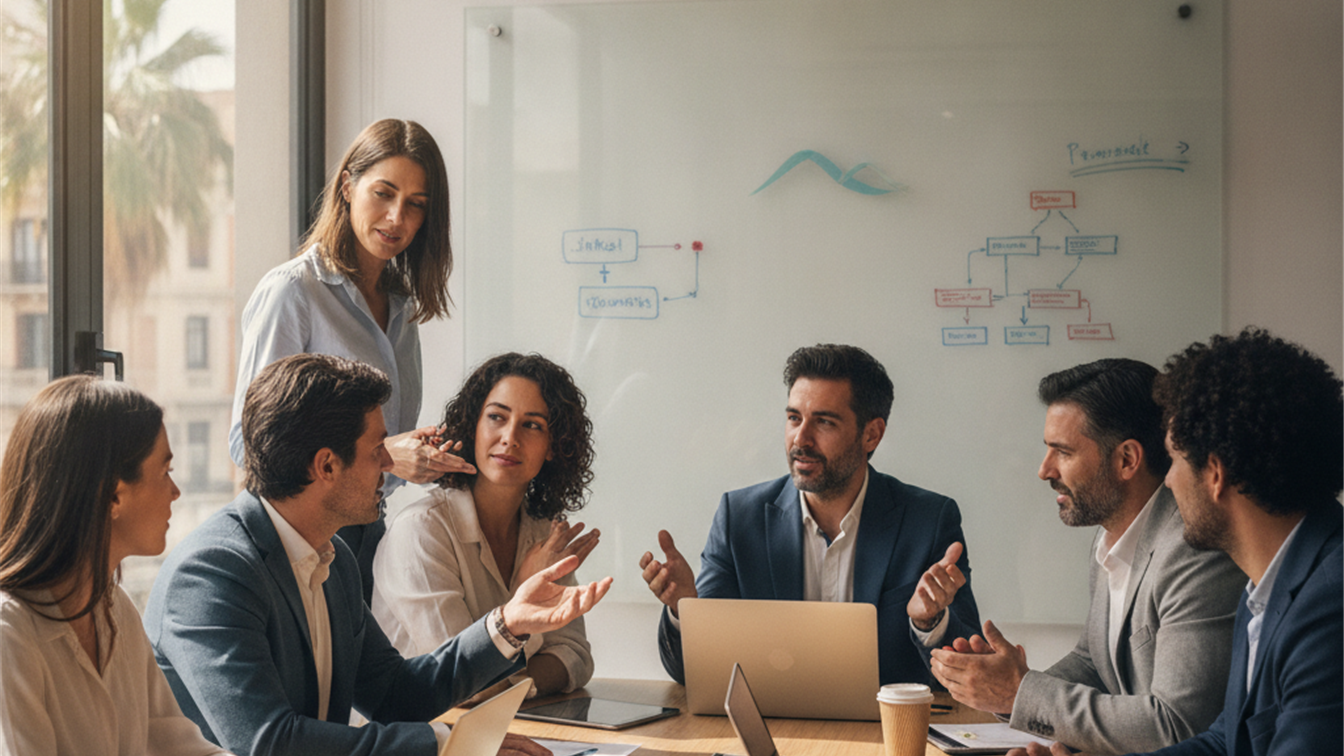 Profesionales trabajando en equipo en una empresa española