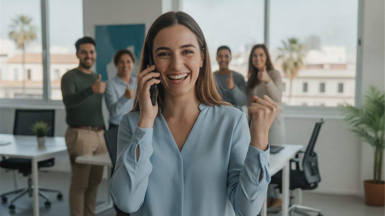 Persona recibiendo buenas noticias sobre una oferta de empleo en el móvil